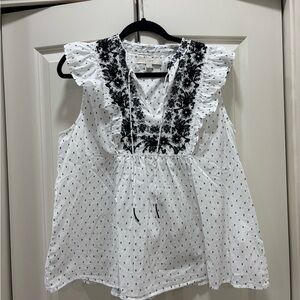 LOFT by Anne Taylor White Top Embroidered Black Floral Design Sz L